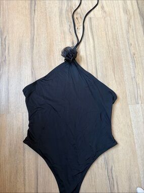 Black Halter One-Piece bodysuit with Rose